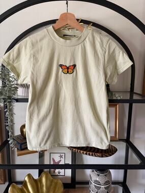 Brandy Melville Butterfly Embroidered Baby Tee Sage Green Cotton One Size Y2K